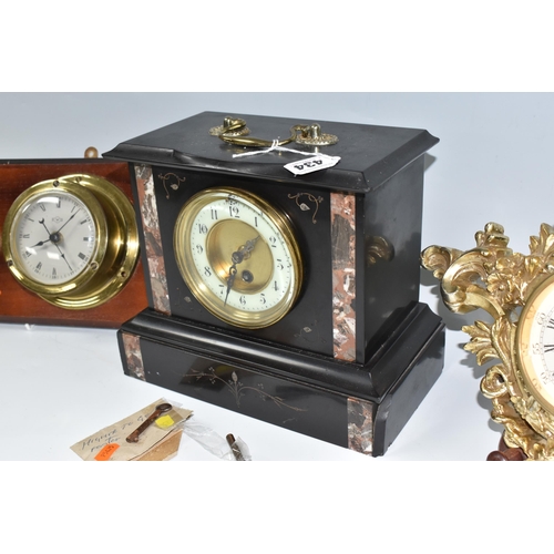 434 - TWO CLOCKS AND A BAROMETER, comprising a nineteenth century black slate and marble cased mantel cloc... 