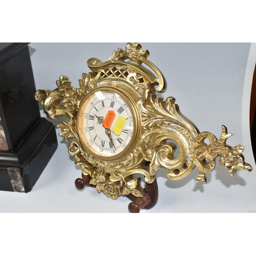 434 - TWO CLOCKS AND A BAROMETER, comprising a nineteenth century black slate and marble cased mantel cloc... 