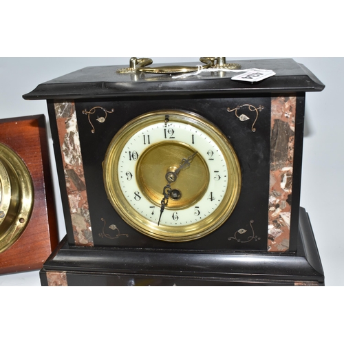 434 - TWO CLOCKS AND A BAROMETER, comprising a nineteenth century black slate and marble cased mantel cloc... 