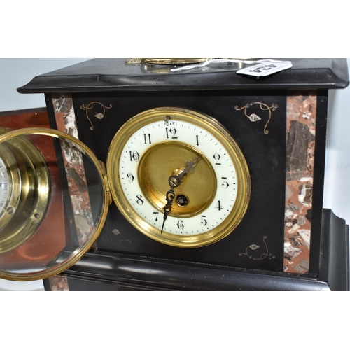 434 - TWO CLOCKS AND A BAROMETER, comprising a nineteenth century black slate and marble cased mantel cloc... 