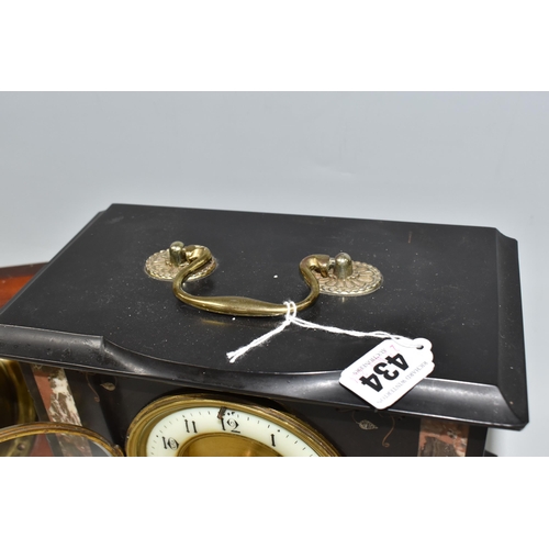 434 - TWO CLOCKS AND A BAROMETER, comprising a nineteenth century black slate and marble cased mantel cloc... 