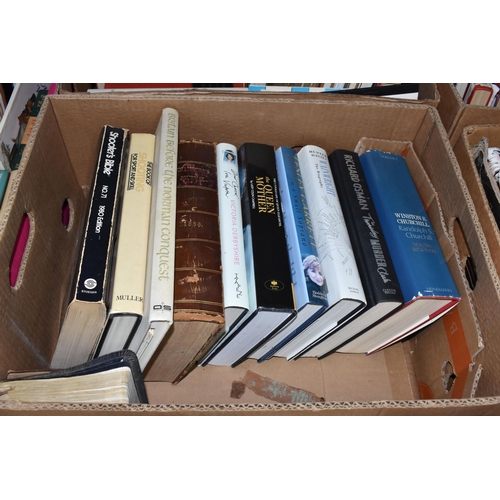 435 - SIX BOXES OF BOOKS containing over 130 miscellaneous titles in hard back and paperback format, a lar... 