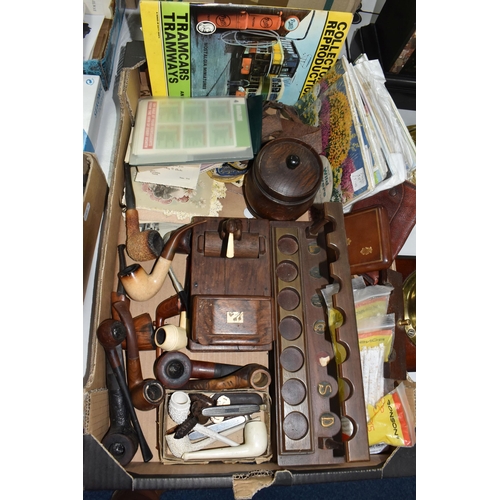 436 - A BOX OF TOBACCO RELATED ITEMS AND OTHER EPHEMERA, to include a cigarette box with dispenser in the ... 