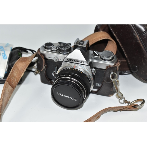 441 - A BOX OF CAMERAS, comprising a cased Olympus OM-2, fitted with an Olympus f1.8 50mm lens, a cased To... 