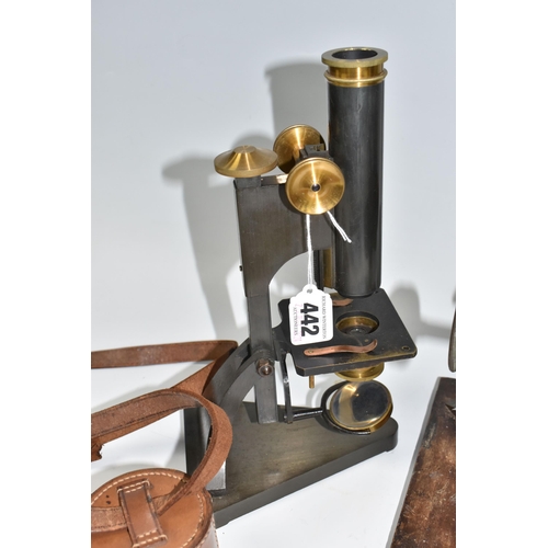 442 - A WOODEN CASED BRASS MONOCULAR MICROSCOPE, marked R & J Beck, London, Serial No.19357 to foot, appea... 