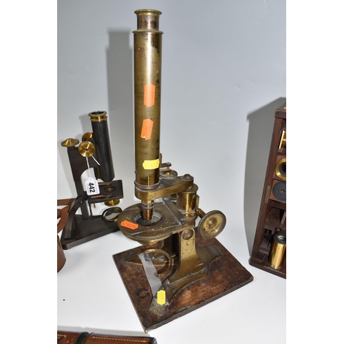 442 - A WOODEN CASED BRASS MONOCULAR MICROSCOPE, marked R & J Beck, London, Serial No.19357 to foot, appea... 