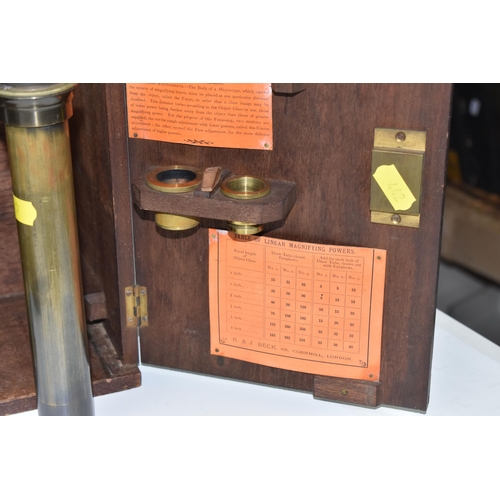 442 - A WOODEN CASED BRASS MONOCULAR MICROSCOPE, marked R & J Beck, London, Serial No.19357 to foot, appea... 