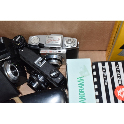 444 - FOUR BOXES AND LOOSE CAMERAS AND PHOTOGRAPHIC EQUIPMENT, to include lenses including Carl Zeiss Jena... 