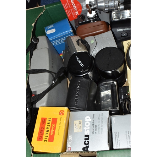 444 - FOUR BOXES AND LOOSE CAMERAS AND PHOTOGRAPHIC EQUIPMENT, to include lenses including Carl Zeiss Jena... 