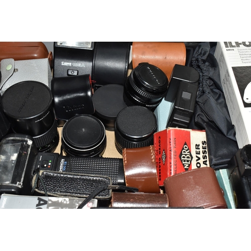 444 - FOUR BOXES AND LOOSE CAMERAS AND PHOTOGRAPHIC EQUIPMENT, to include lenses including Carl Zeiss Jena... 