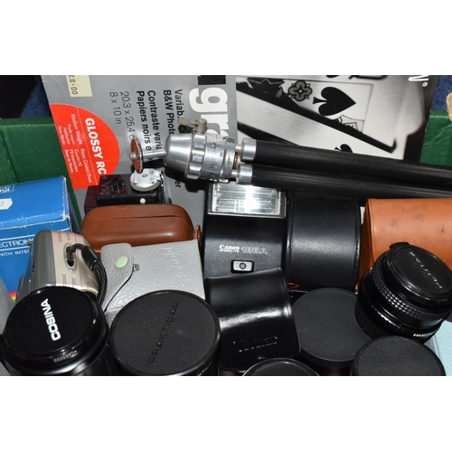 444 - FOUR BOXES AND LOOSE CAMERAS AND PHOTOGRAPHIC EQUIPMENT, to include lenses including Carl Zeiss Jena... 