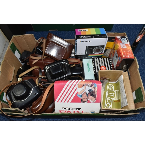 444 - FOUR BOXES AND LOOSE CAMERAS AND PHOTOGRAPHIC EQUIPMENT, to include lenses including Carl Zeiss Jena... 