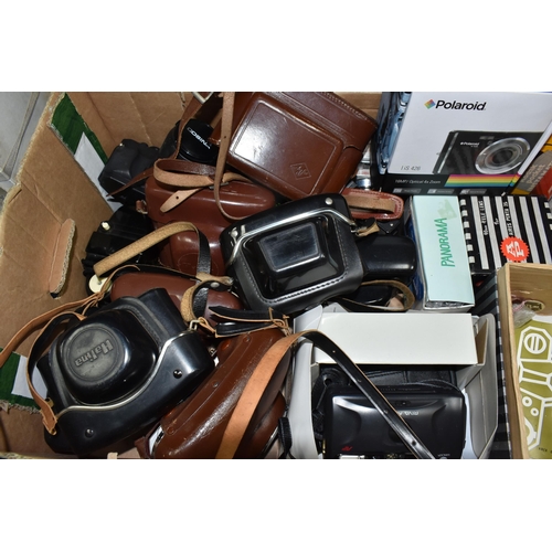 444 - FOUR BOXES AND LOOSE CAMERAS AND PHOTOGRAPHIC EQUIPMENT, to include lenses including Carl Zeiss Jena... 