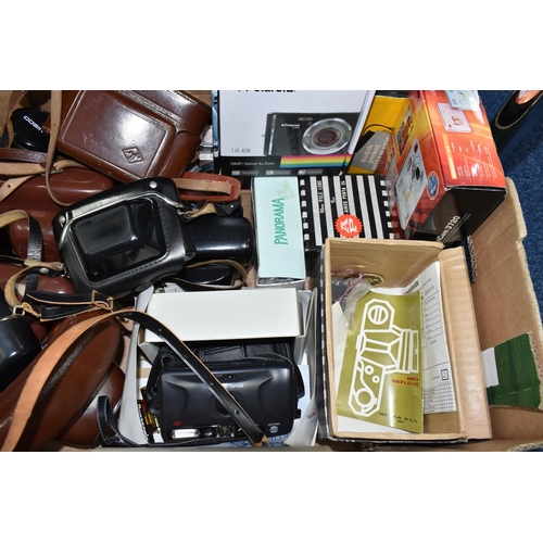 444 - FOUR BOXES AND LOOSE CAMERAS AND PHOTOGRAPHIC EQUIPMENT, to include lenses including Carl Zeiss Jena... 