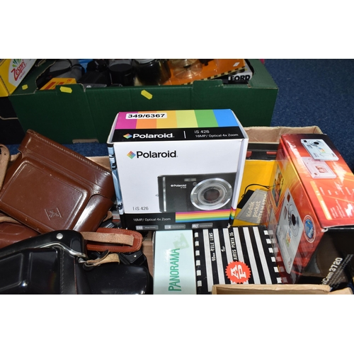 444 - FOUR BOXES AND LOOSE CAMERAS AND PHOTOGRAPHIC EQUIPMENT, to include lenses including Carl Zeiss Jena... 