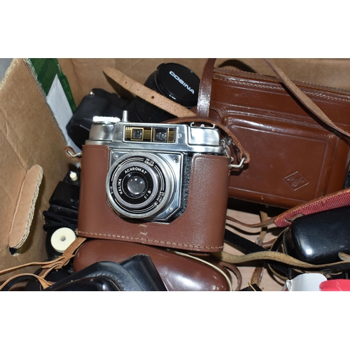 444 - FOUR BOXES AND LOOSE CAMERAS AND PHOTOGRAPHIC EQUIPMENT, to include lenses including Carl Zeiss Jena... 