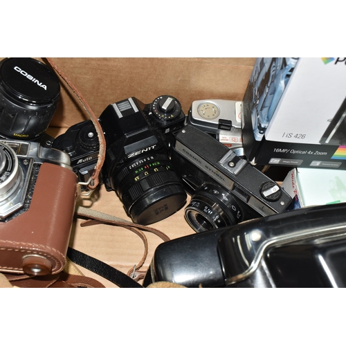 444 - FOUR BOXES AND LOOSE CAMERAS AND PHOTOGRAPHIC EQUIPMENT, to include lenses including Carl Zeiss Jena... 