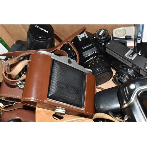 444 - FOUR BOXES AND LOOSE CAMERAS AND PHOTOGRAPHIC EQUIPMENT, to include lenses including Carl Zeiss Jena... 