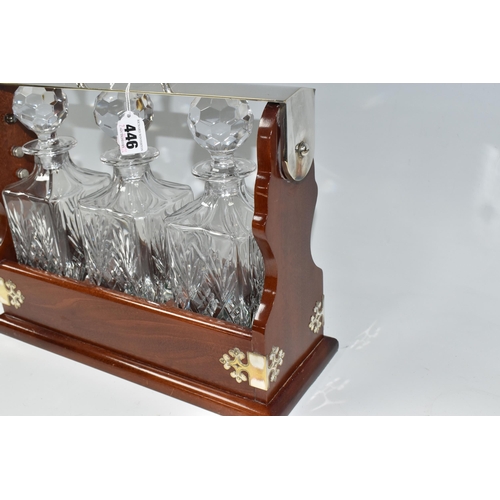 446 - A MODERN PLATED TANTALUS WITH THREE SQUARE DECANTERS, height 33cm (to top of handle) x width 38cm x ... 