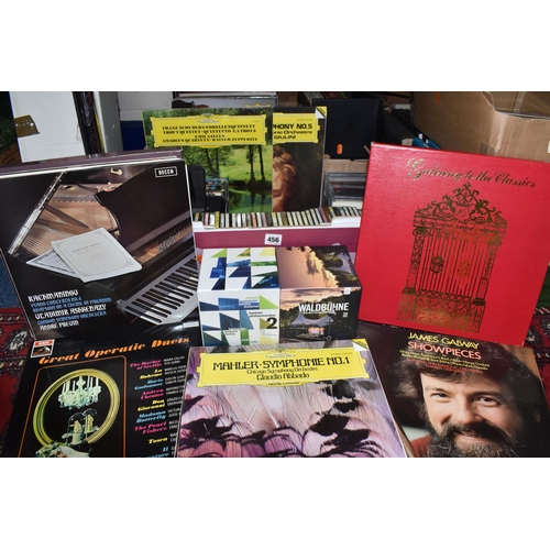 456 - TWO BOXES AND A CASE OF RECORDS, CDS AND DVDS, to include over sixty mainly classical LPs and LP set... 