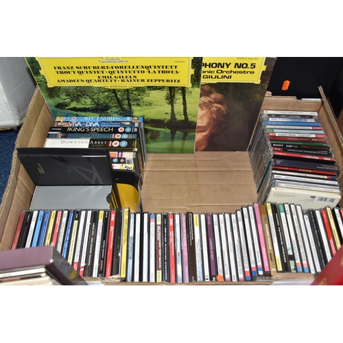 456 - TWO BOXES AND A CASE OF RECORDS, CDS AND DVDS, to include over sixty mainly classical LPs and LP set... 