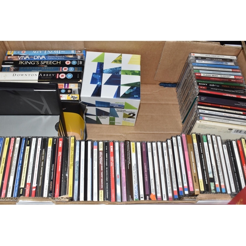 456 - TWO BOXES AND A CASE OF RECORDS, CDS AND DVDS, to include over sixty mainly classical LPs and LP set... 