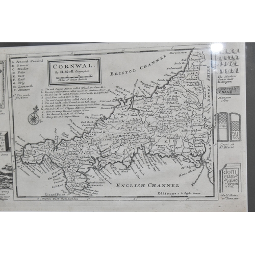 459 - HERMAN MOLL (1654-1732) TWO FRAMED ANTIQUE MAPS, comprising a map of Cornwall with locations of tin ... 