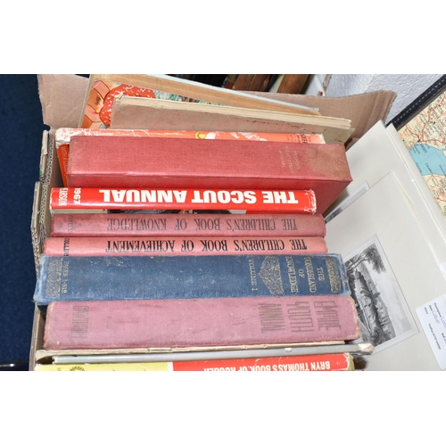 461 - ONE BOX AND LOOSE BOOKS, PICTURES AND POSTCARDS,  a collection of vintage books to include The Sixte... 