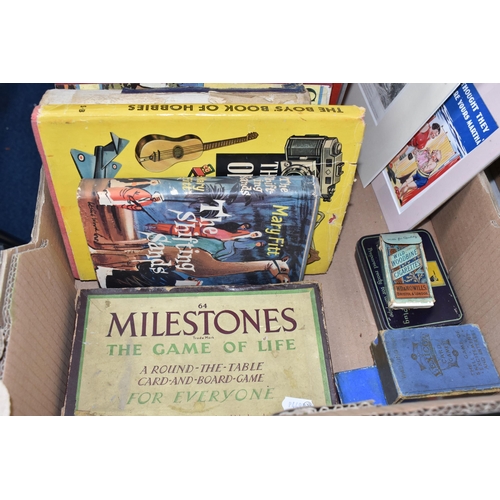 461 - ONE BOX AND LOOSE BOOKS, PICTURES AND POSTCARDS,  a collection of vintage books to include The Sixte... 