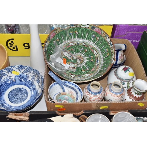 469 - FOUR BOXES AND LOOSE CERAMICS AND ORNAMENTS, to include a set of four Aynsley trinket dishes, a blue... 