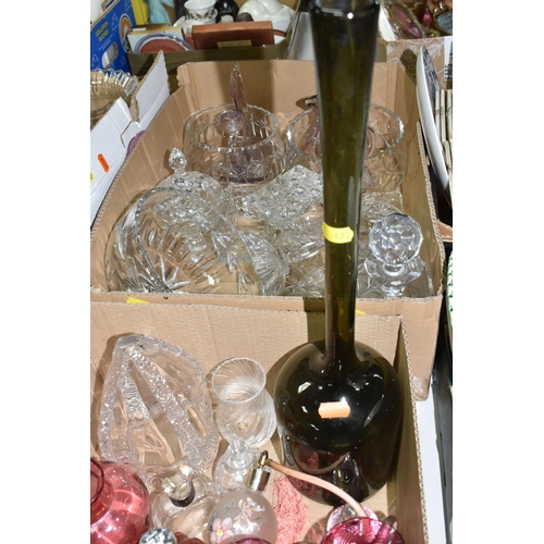 472 - FOUR BOXES OF GLASSWARE, to include a 'Golden Crown' cocktail shaker, a silverplate  alcohol measure... 