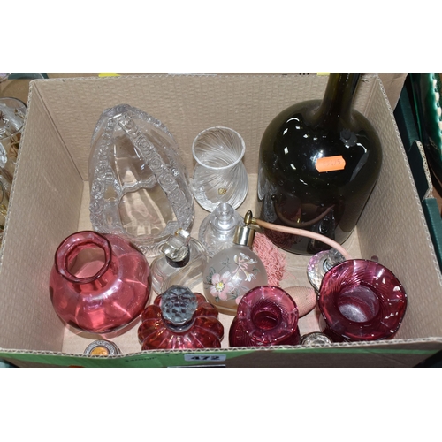 472 - FOUR BOXES OF GLASSWARE, to include a 'Golden Crown' cocktail shaker, a silverplate  alcohol measure... 