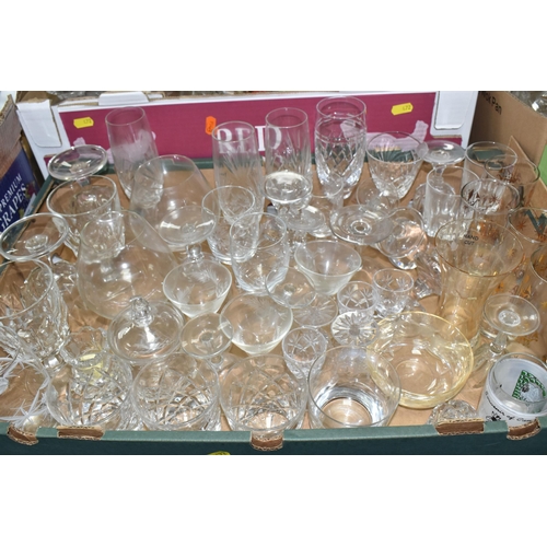 472 - FOUR BOXES OF GLASSWARE, to include a 'Golden Crown' cocktail shaker, a silverplate  alcohol measure... 