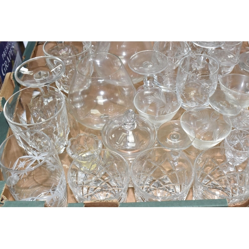 472 - FOUR BOXES OF GLASSWARE, to include a 'Golden Crown' cocktail shaker, a silverplate  alcohol measure... 