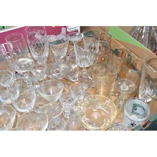 472 - FOUR BOXES OF GLASSWARE, to include a 'Golden Crown' cocktail shaker, a silverplate  alcohol measure... 