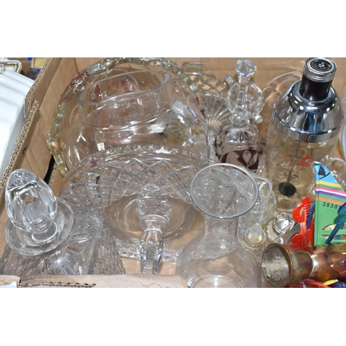 472 - FOUR BOXES OF GLASSWARE, to include a 'Golden Crown' cocktail shaker, a silverplate  alcohol measure... 