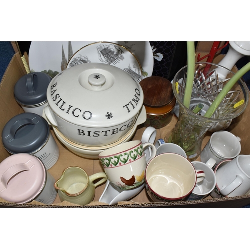 475 - TWO BOXES OF KITCHENWARE AND CERAMICS, to include a Royal Worcester covered casserole pot, a Hornsea... 