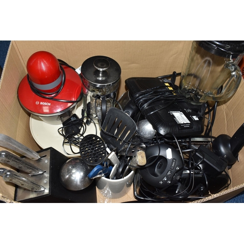 475 - TWO BOXES OF KITCHENWARE AND CERAMICS, to include a Royal Worcester covered casserole pot, a Hornsea... 