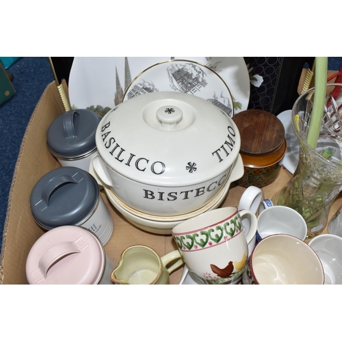 475 - TWO BOXES OF KITCHENWARE AND CERAMICS, to include a Royal Worcester covered casserole pot, a Hornsea... 