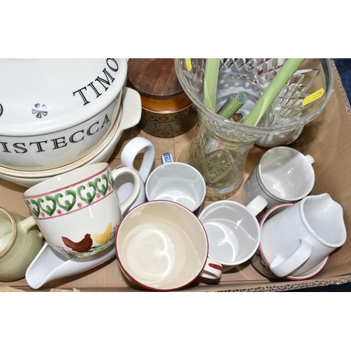 475 - TWO BOXES OF KITCHENWARE AND CERAMICS, to include a Royal Worcester covered casserole pot, a Hornsea... 