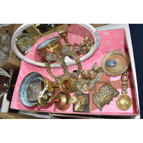 479 - THREE BOXES OF MISCELLANEOUS ITEMS, to include decorative egg shaped ornaments, porcelain mask wall ... 