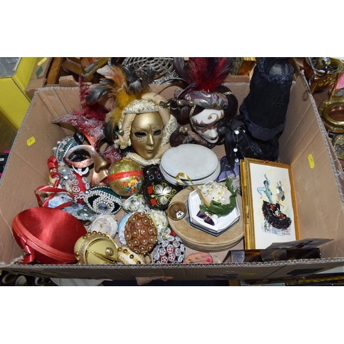 479 - THREE BOXES OF MISCELLANEOUS ITEMS, to include decorative egg shaped ornaments, porcelain mask wall ... 