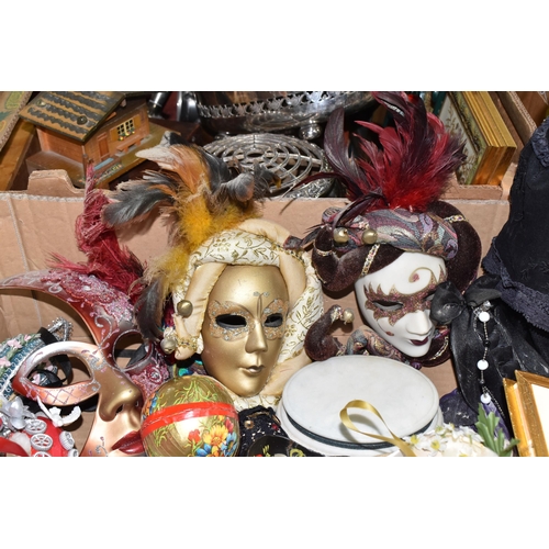 479 - THREE BOXES OF MISCELLANEOUS ITEMS, to include decorative egg shaped ornaments, porcelain mask wall ... 