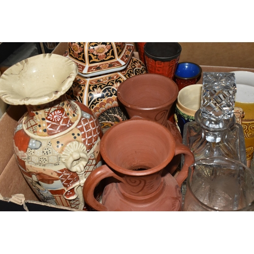 481 - FOUR BOXES AND LOOSE CERAMICS AND GLASS MISCELLANEOUS, to include two large vases with artificial an... 