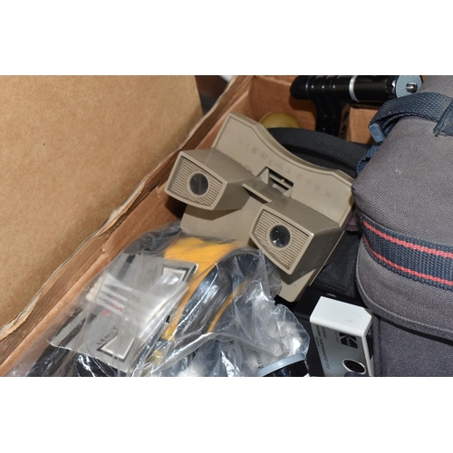 482 - TWO BOXES AND LOOSE CAMERAS AND PHOTOGRAPHIC EQUIPMENT, cameras to include a Canon Power Shot A60 di... 