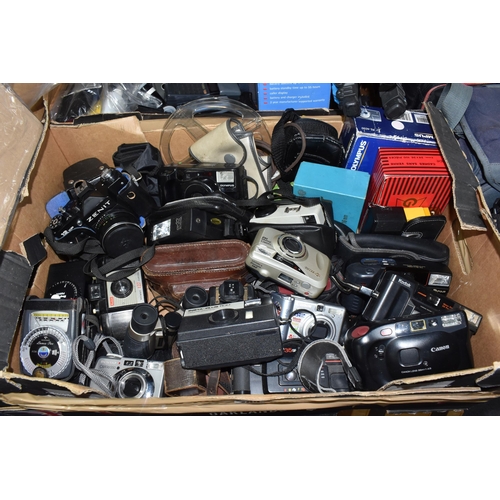 482 - TWO BOXES AND LOOSE CAMERAS AND PHOTOGRAPHIC EQUIPMENT, cameras to include a Canon Power Shot A60 di... 