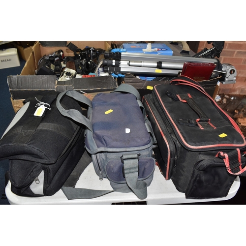 482 - TWO BOXES AND LOOSE CAMERAS AND PHOTOGRAPHIC EQUIPMENT, cameras to include a Canon Power Shot A60 di... 