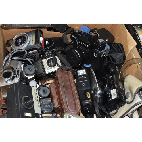 482 - TWO BOXES AND LOOSE CAMERAS AND PHOTOGRAPHIC EQUIPMENT, cameras to include a Canon Power Shot A60 di... 