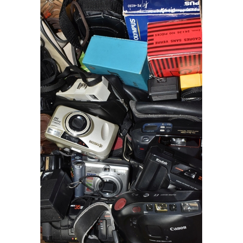 482 - TWO BOXES AND LOOSE CAMERAS AND PHOTOGRAPHIC EQUIPMENT, cameras to include a Canon Power Shot A60 di... 