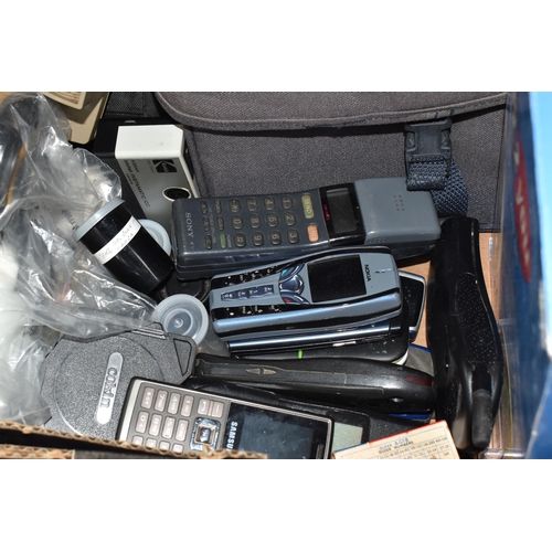 482 - TWO BOXES AND LOOSE CAMERAS AND PHOTOGRAPHIC EQUIPMENT, cameras to include a Canon Power Shot A60 di... 